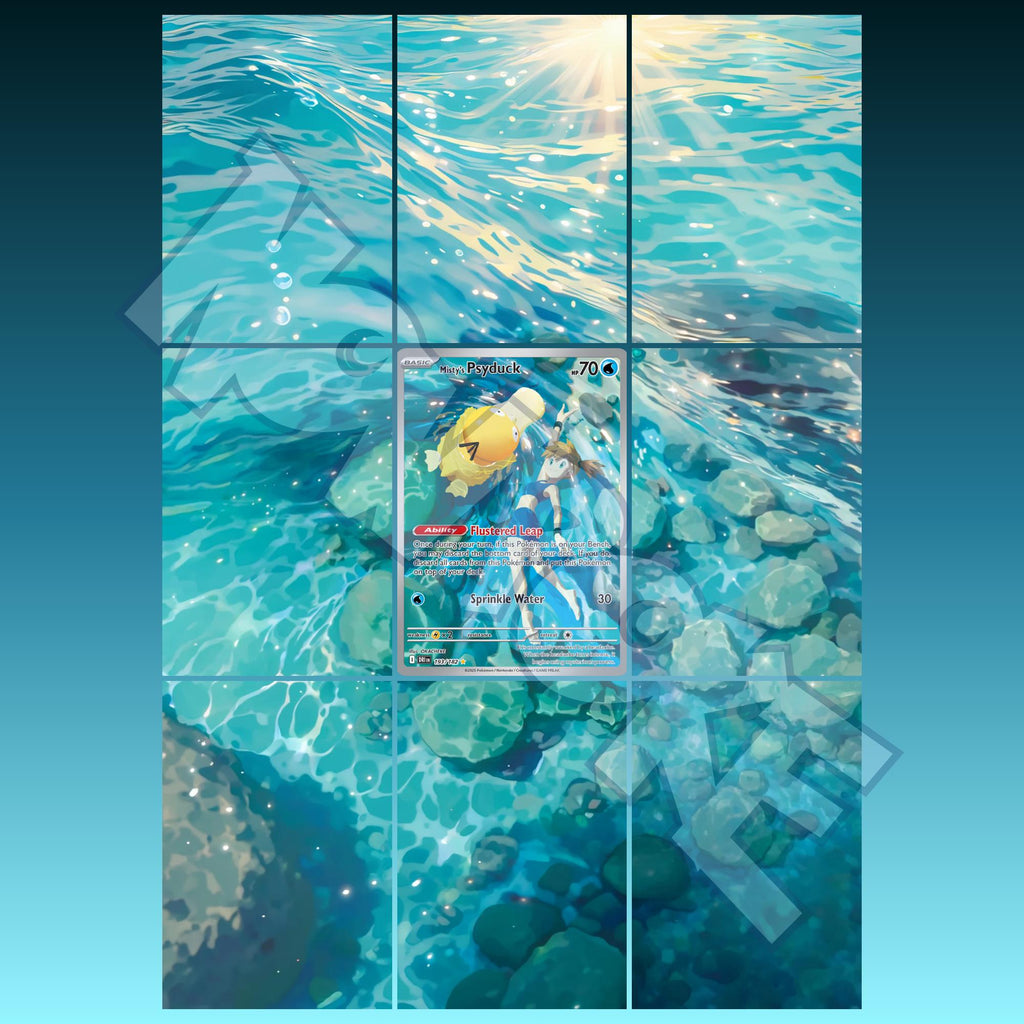 Misty’s Psyduck card displayed in extended binder artwork, styled as premium extended binder art for Pokémon collectors. Shows what you will receive as a PDF to download and print.