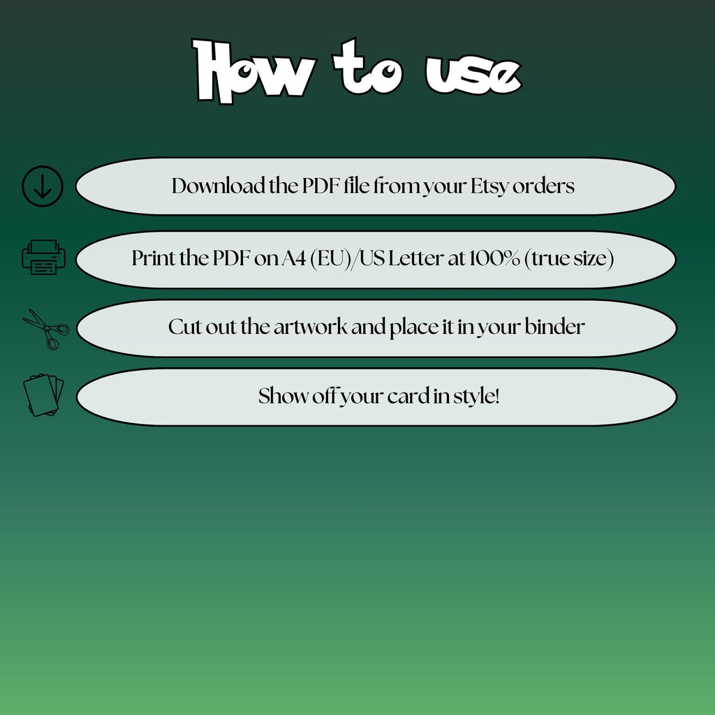 How to use instructions for printable Psyduck extended binder art, showing steps for downloading, printing, cutting and inserting the artwork to your binder.