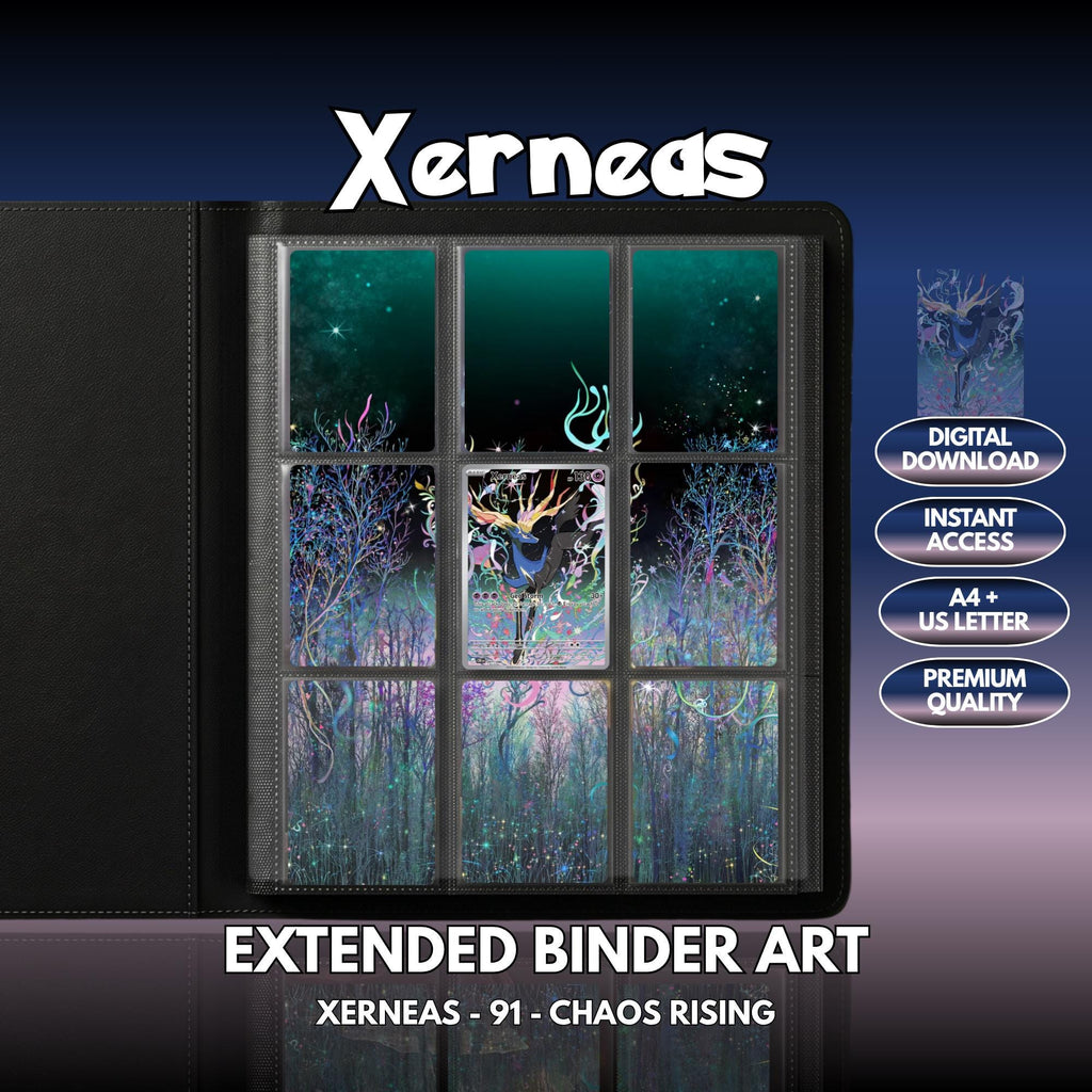 Extended binder art cover featuring Xerneas Card in a 3×3 binder layout, with framed artwork accents and digital download labels.