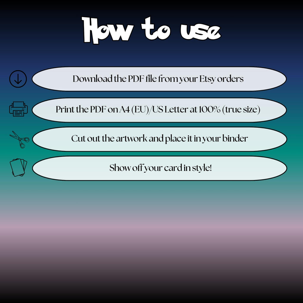 How to use instructions for printable Xerneas extended binder art, showing steps for downloading, printing, cutting and inserting the artwork to your binder.