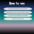 How to use instructions for printable Xerneas extended binder art, showing steps for downloading, printing, cutting and inserting the artwork to your binder.