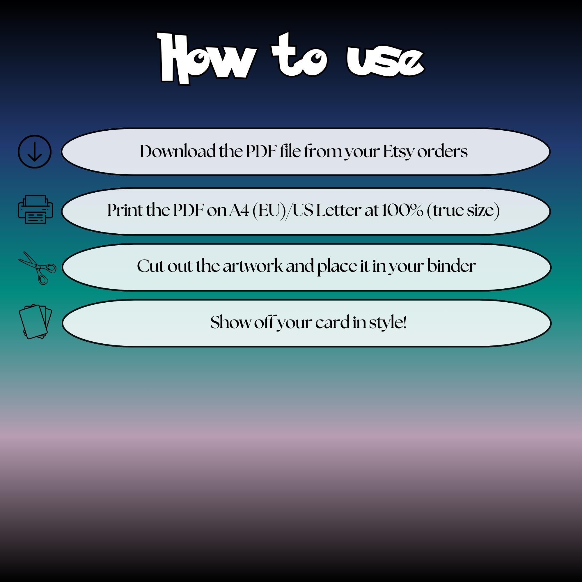 How to use instructions for printable Xerneas extended binder art, showing steps for downloading, printing, cutting and inserting the artwork to your binder.