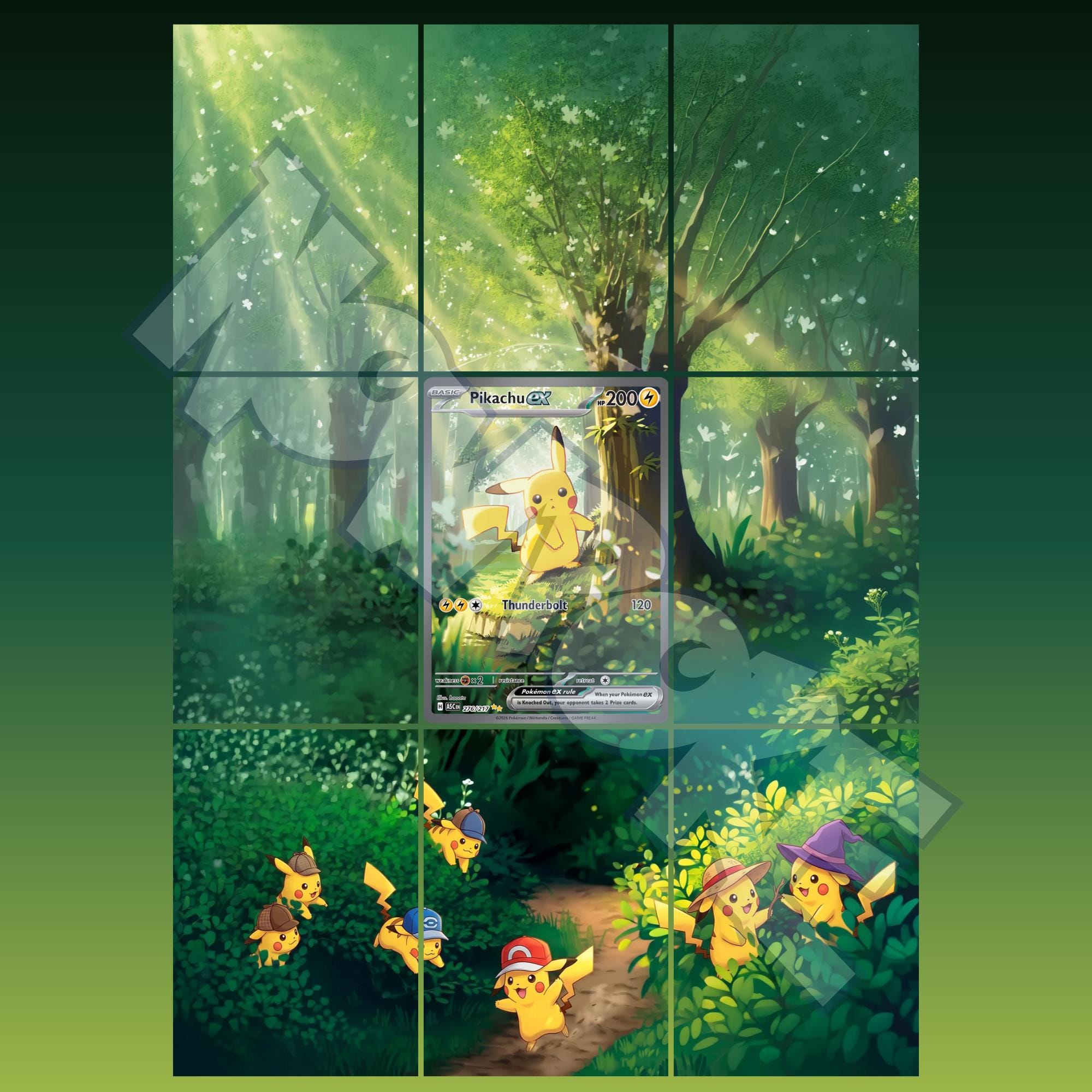 Pikachu card displayed in extended binder artwork, styled as premium extended binder art for Pokémon collectors. Shows what you will receive as a PDF to download and print.