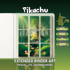 Extended binder art cover featuring Pikachu Card in a 3×3 binder layout, with framed artwork accents and digital download labels.