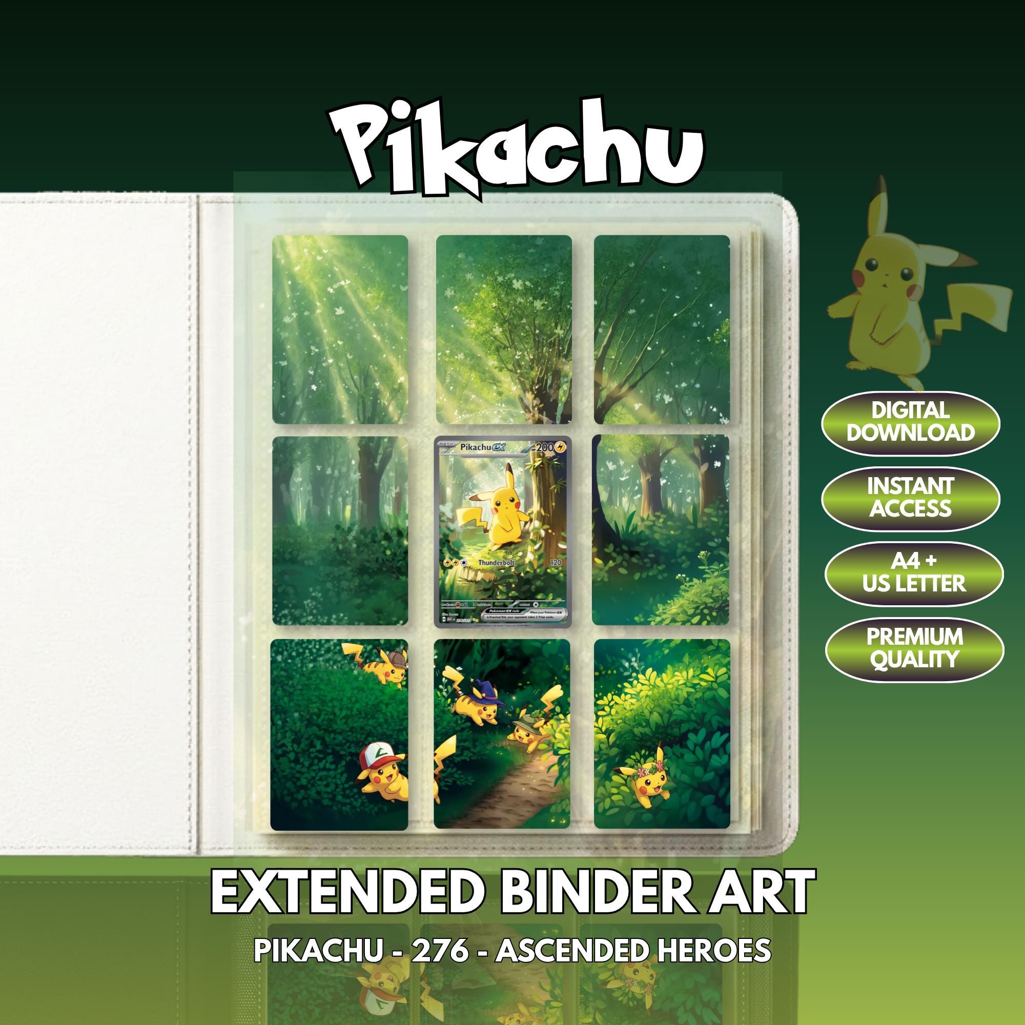 Extended binder art cover featuring Pikachu Card in a 3×3 binder layout, with framed artwork accents and digital download labels.