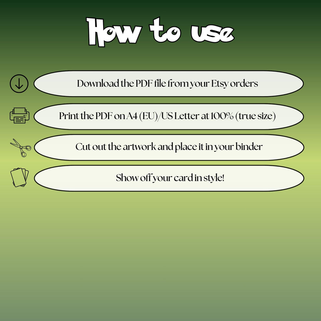 How to use instructions for printable Pikachu extended binder art, showing steps for downloading, printing, cutting and inserting the artwork to your binder.