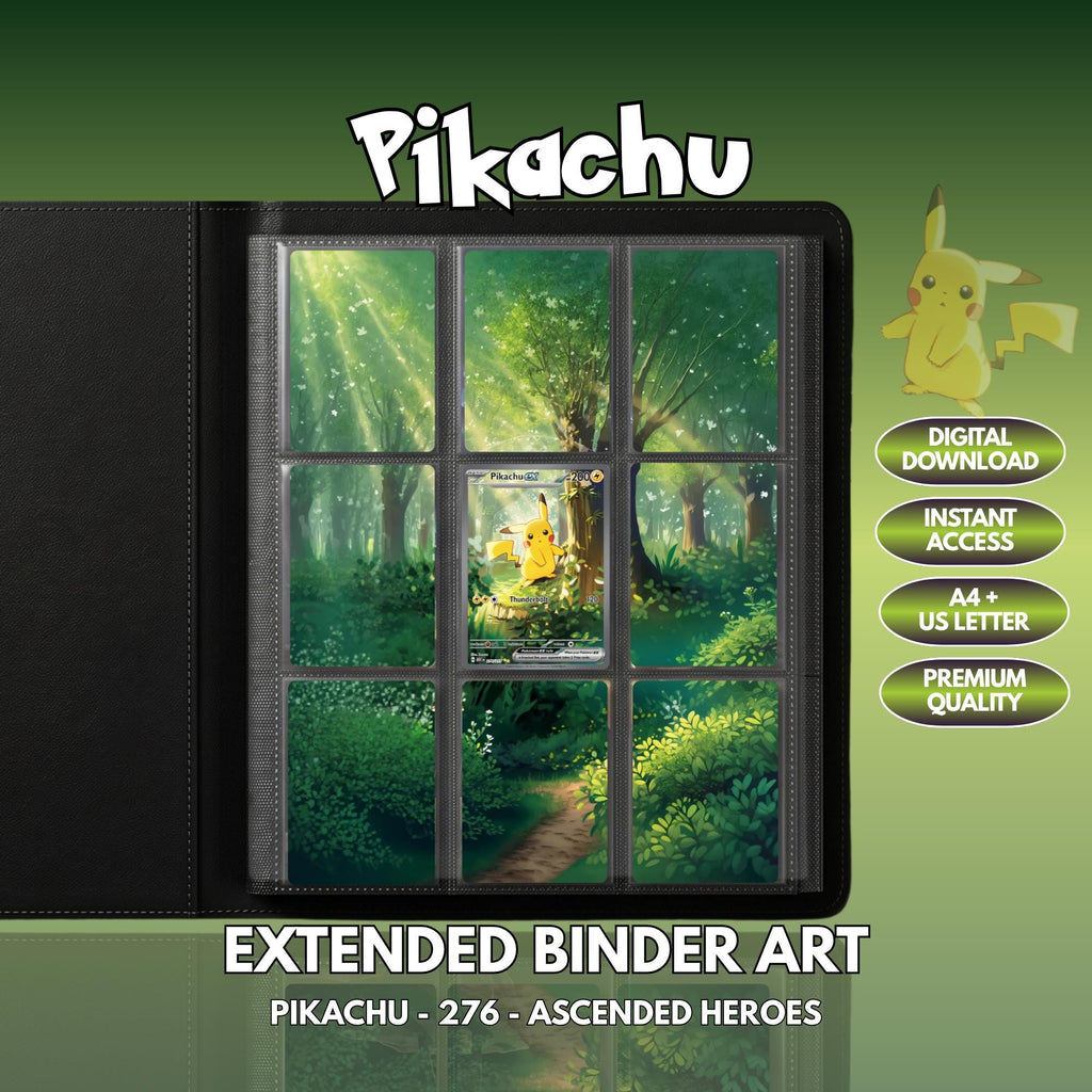 Extended binder art cover featuring Pikachu Card in a 3×3 binder layout, with framed artwork accents and digital download labels.