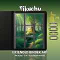 Extended binder art cover featuring Pikachu Card in a 3×3 binder layout, with framed artwork accents and digital download labels.