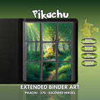 Extended binder art cover featuring Pikachu Card in a 3×3 binder layout, with framed artwork accents and digital download labels.