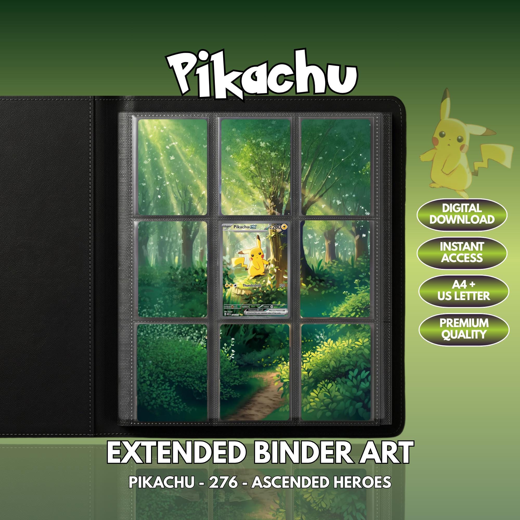Extended binder art cover featuring Pikachu Card in a 3×3 binder layout, with framed artwork accents and digital download labels.