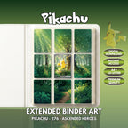 Extended binder art cover featuring Pikachu Card in a 3×3 binder layout, with framed artwork accents and digital download labels.