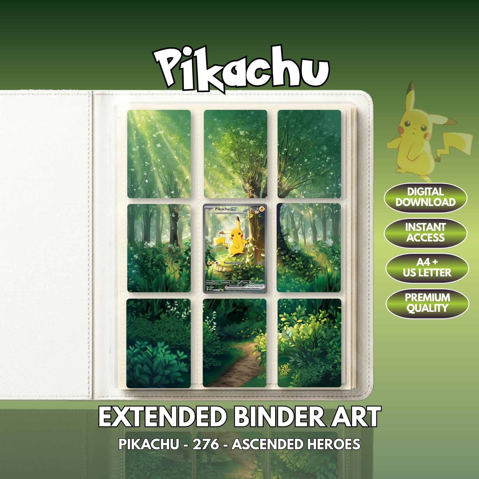 Extended binder art cover featuring Pikachu Card in a 3×3 binder layout, with framed artwork accents and digital download labels.