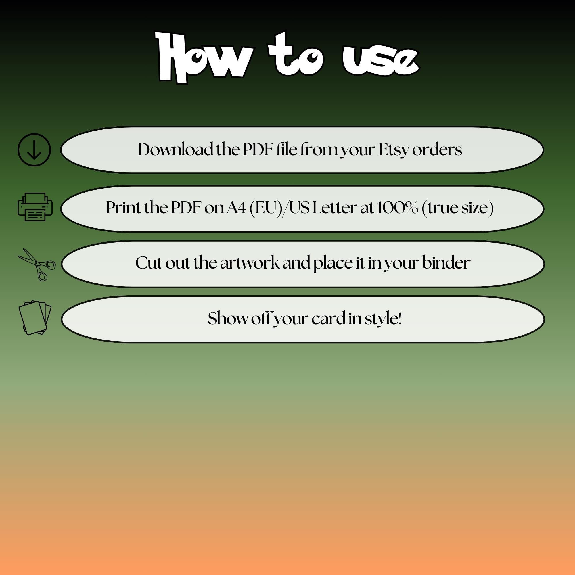 How to use instructions for printable Charmander extended binder art, showing steps for downloading, printing, cutting and inserting the artwork to your binder.
