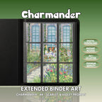 Extended binder art cover featuring Charmander Card in a 3×3 binder layout, with framed artwork accents and digital download labels.