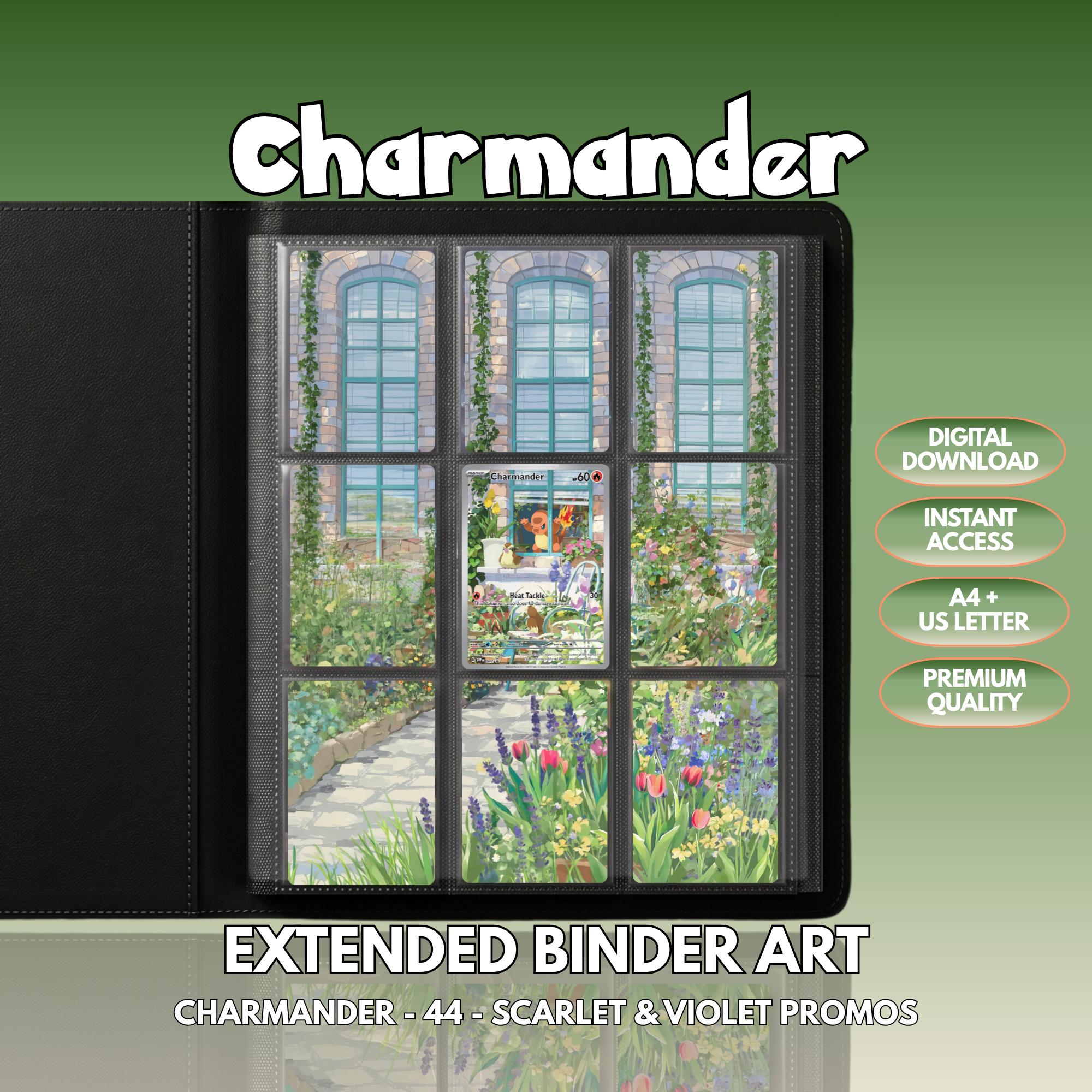 Extended binder art cover featuring Charmander Card in a 3×3 binder layout, with framed artwork accents and digital download labels.
