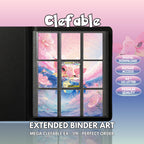 Extended binder art cover featuring Mega Clefable Card in a 3×3 binder layout, with framed artwork accents and digital download labels.