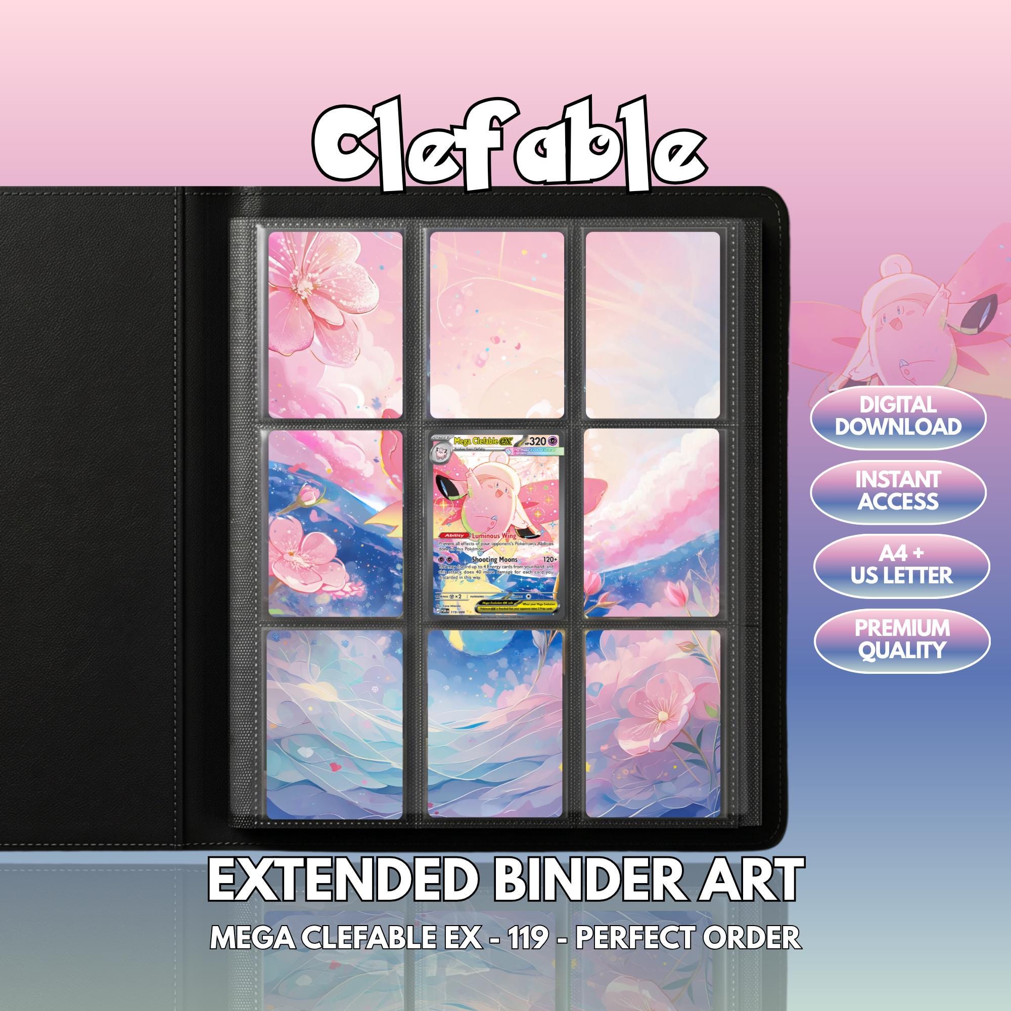 Extended binder art cover featuring Mega Clefable Card in a 3×3 binder layout, with framed artwork accents and digital download labels.