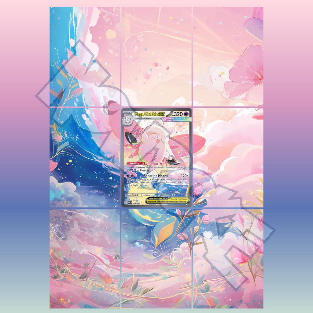 Mega Clefable card displayed in extended binder artwork, styled as premium extended binder art for Pokémon collectors. Shows what you will receive as a PDF to download and print.