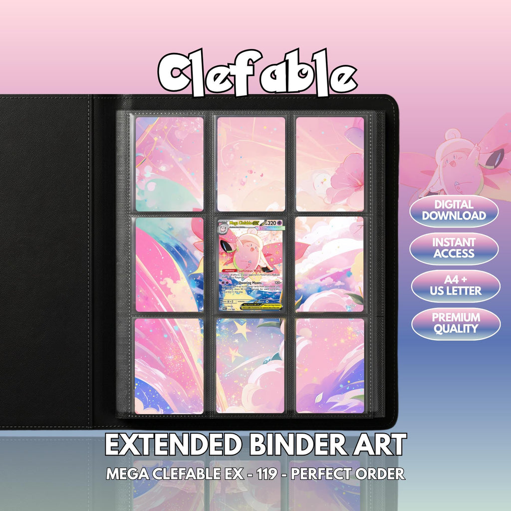 Extended binder art cover featuring Mega Clefable Card in a 3×3 binder layout, with framed artwork accents and digital download labels.