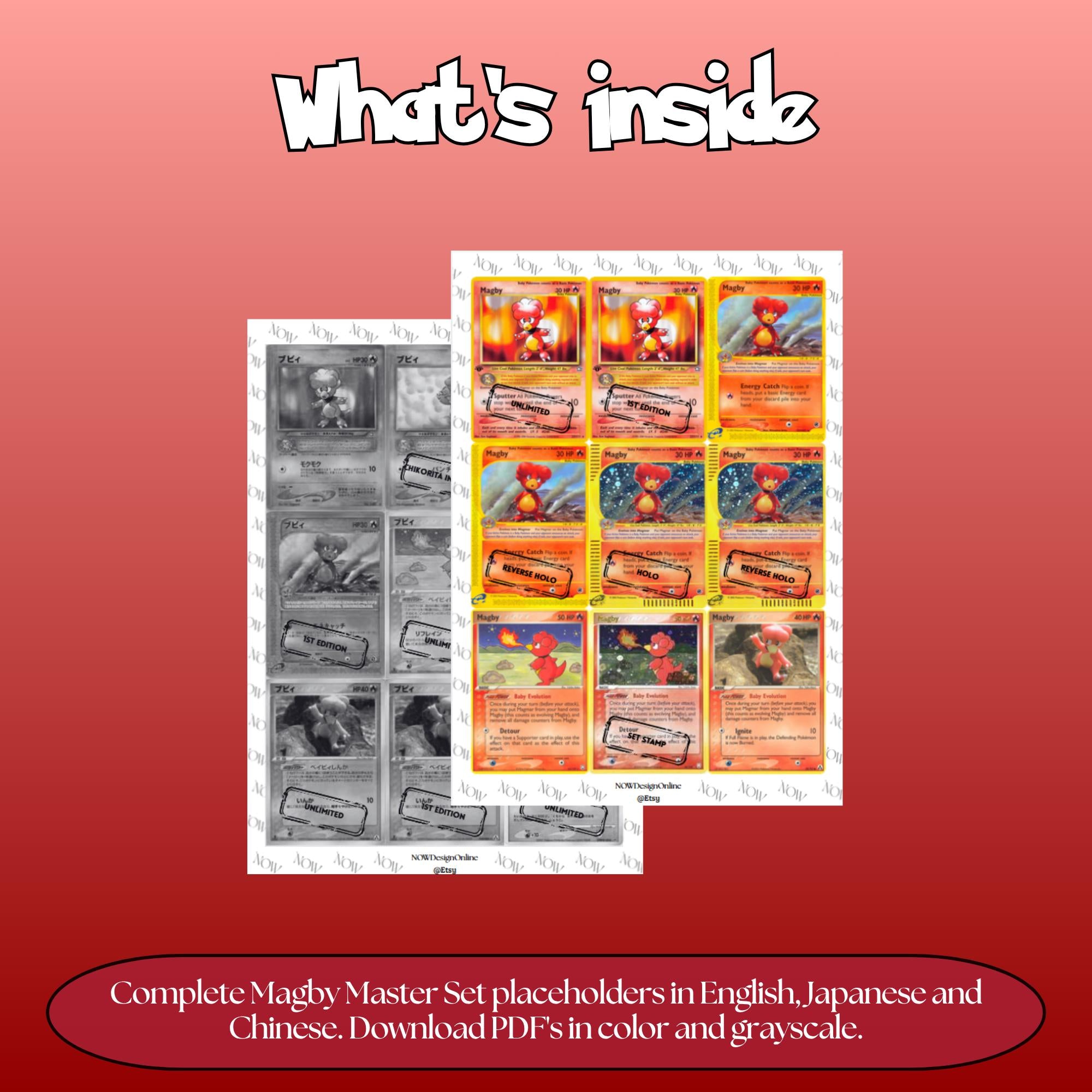 Magby binder pages set overview showing the included Pokémon cards to print and cut for your binder sleeves.