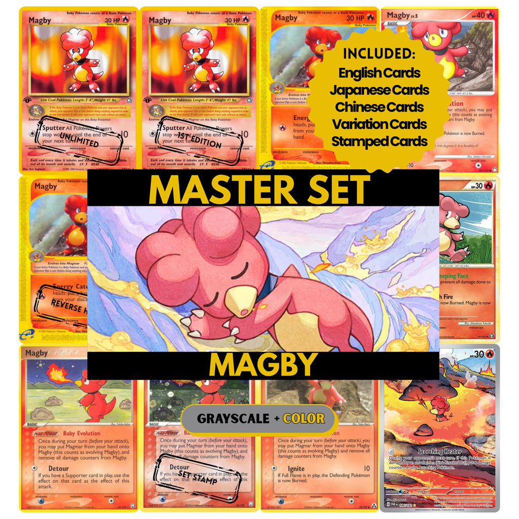 Magby binder pages set showing grayscale and color Pokémon cards, designed as a digital download to complete a collector’s binder.