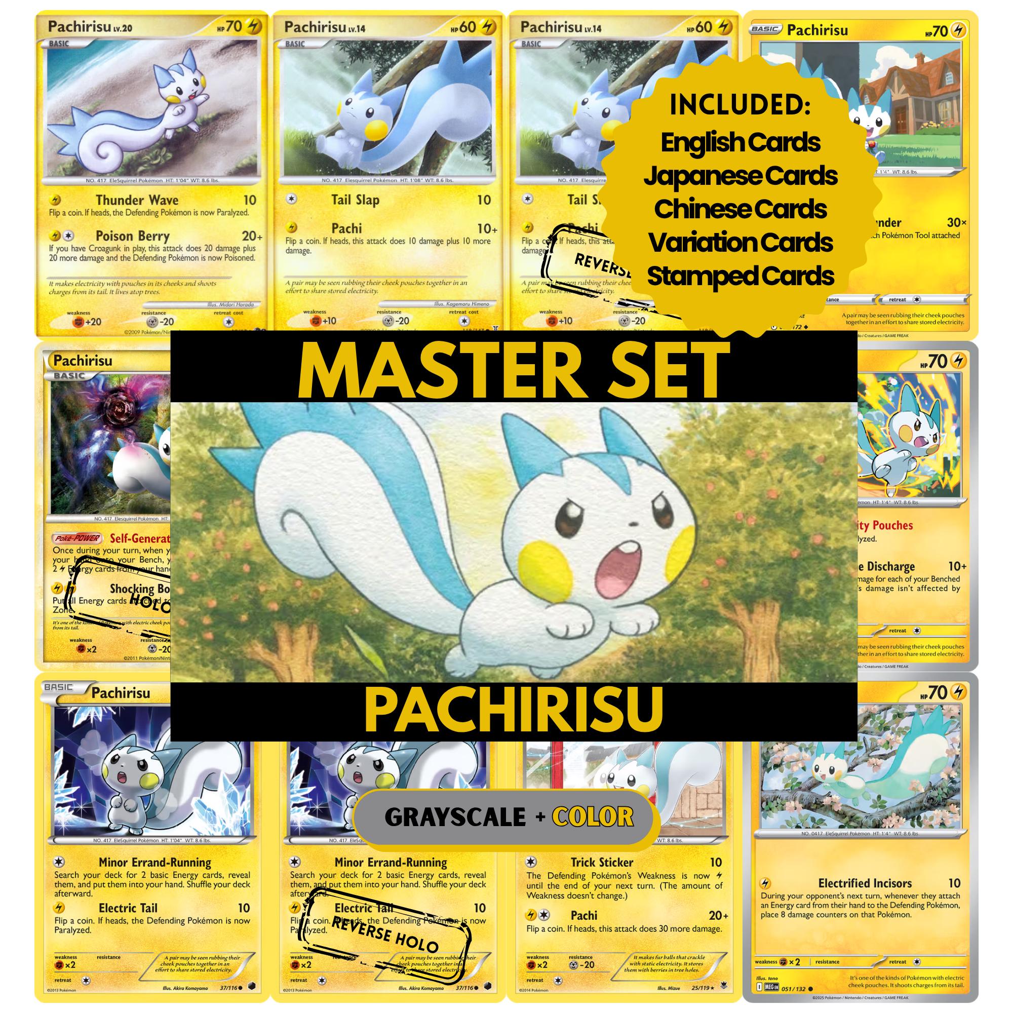 Pachirisu binder pages set showing grayscale and color Pokémon cards, designed as a digital download to complete a collector’s binder.