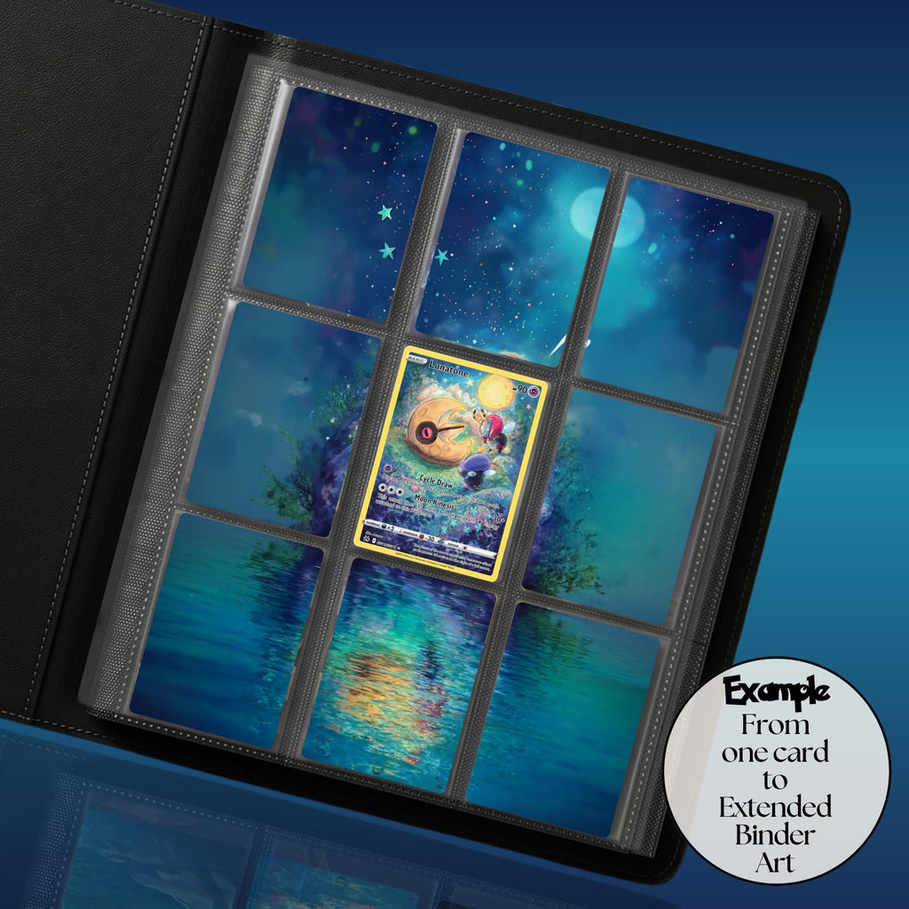 Blue mystical forest Lunatone extended binder art framing a Pokémon full art card