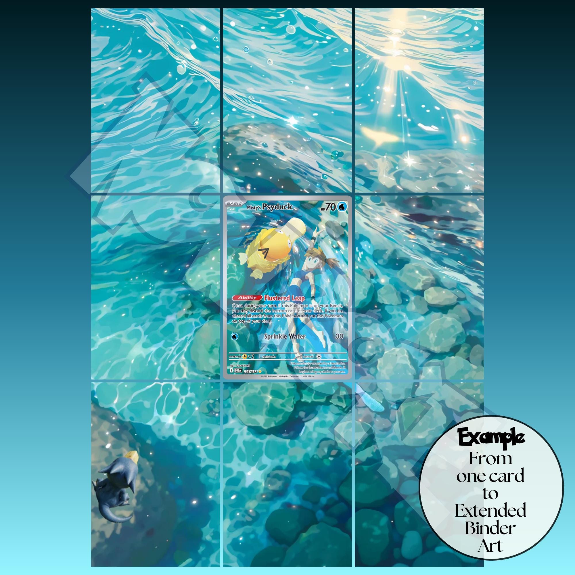 Blue ocean-themed Psyduck and Misty extended binder art surrounding a Pokémon full art card