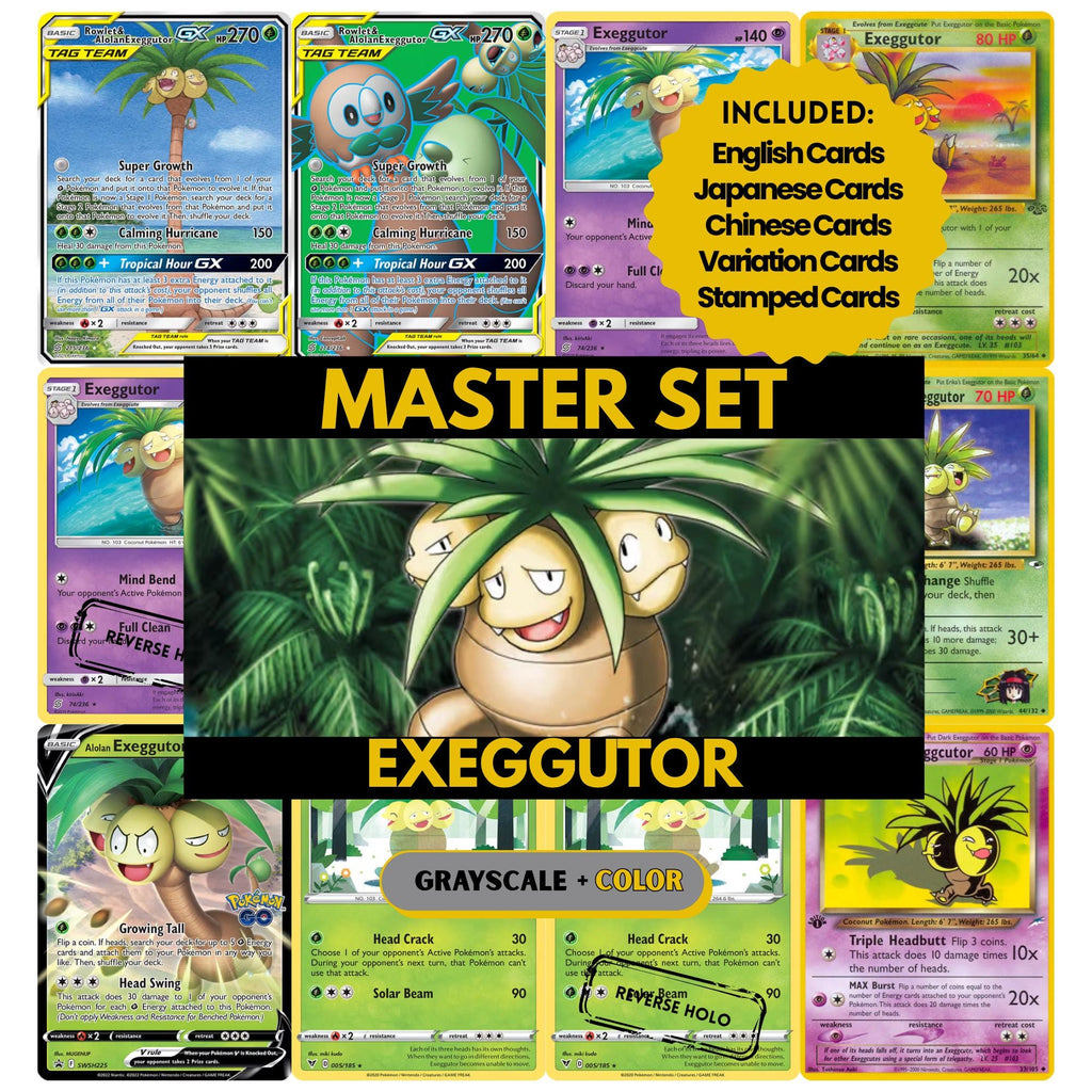 Exeggutor binder pages set showing grayscale and color Pokémon cards, designed as a digital download to complete a collector’s binder.