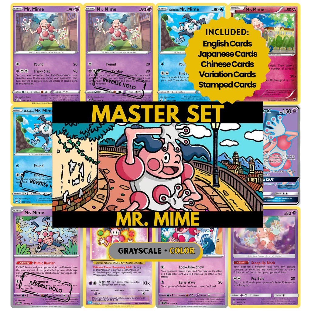 Mr Mime binder pages set showing grayscale and color Pokémon cards, designed as a digital download to complete a collector’s binder.