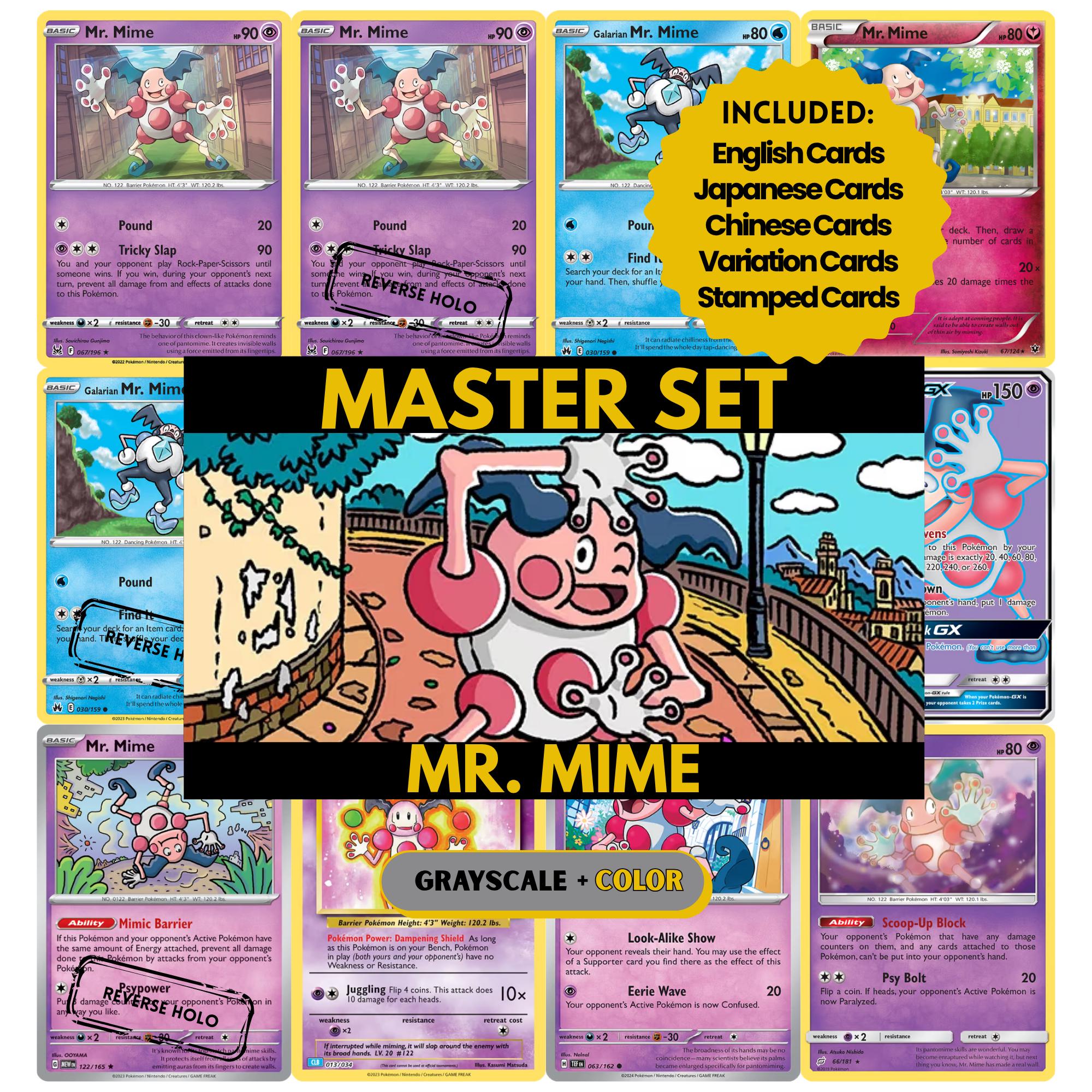 Mr Mime binder pages set showing grayscale and color Pokémon cards, designed as a digital download to complete a collector’s binder.