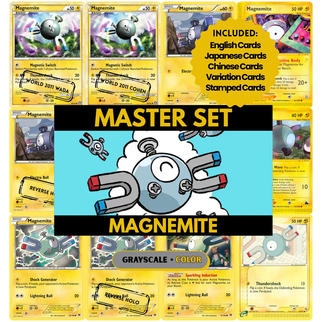 Magnemite binder pages set showing grayscale and color Pokémon cards, designed as a digital download to complete a collector’s binder.