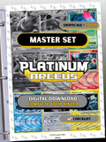 Platinum: Arceus master set binder page showing grayscale and color Pokémon cards, designed as a digital download with checklist to complete a collector’s binder.