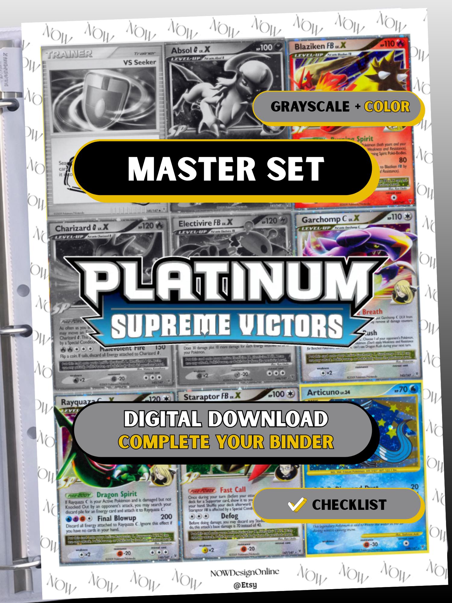 Platinum: Supreme Victors master set binder page showing grayscale and color Pokémon cards, designed as a digital download with checklist to complete a collector’s binder.