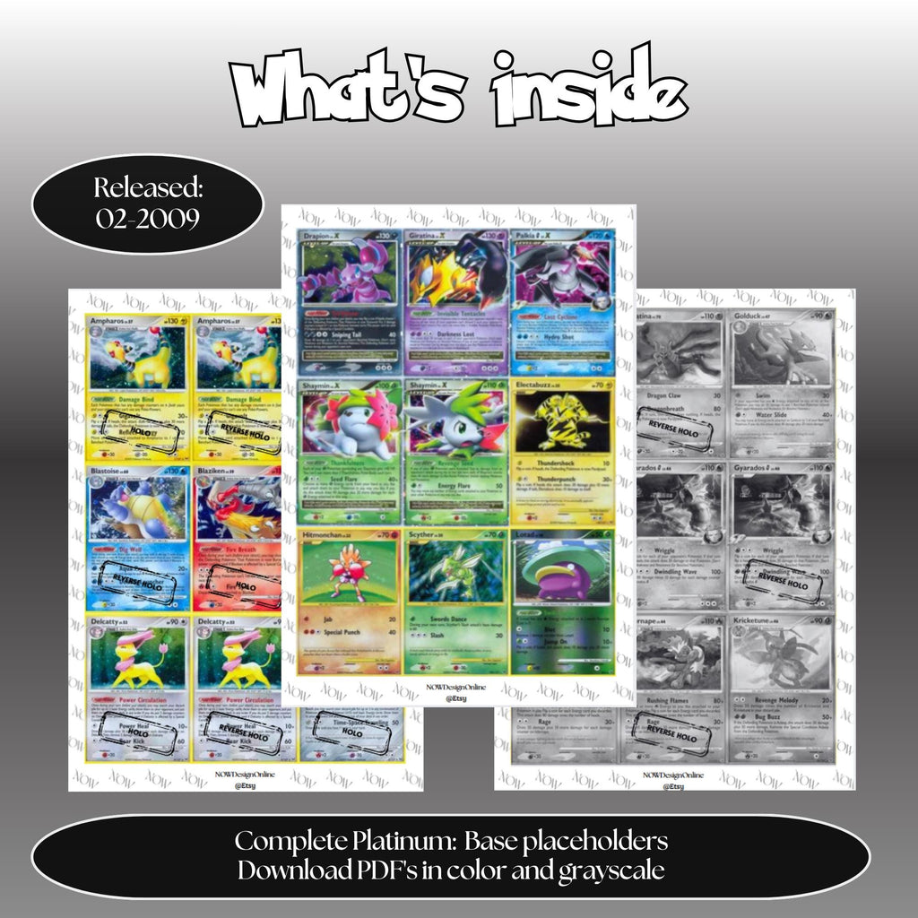Platinum: Base master set overview showing the included Pokémon cards to print and a full color checklist for the Platinum binder.