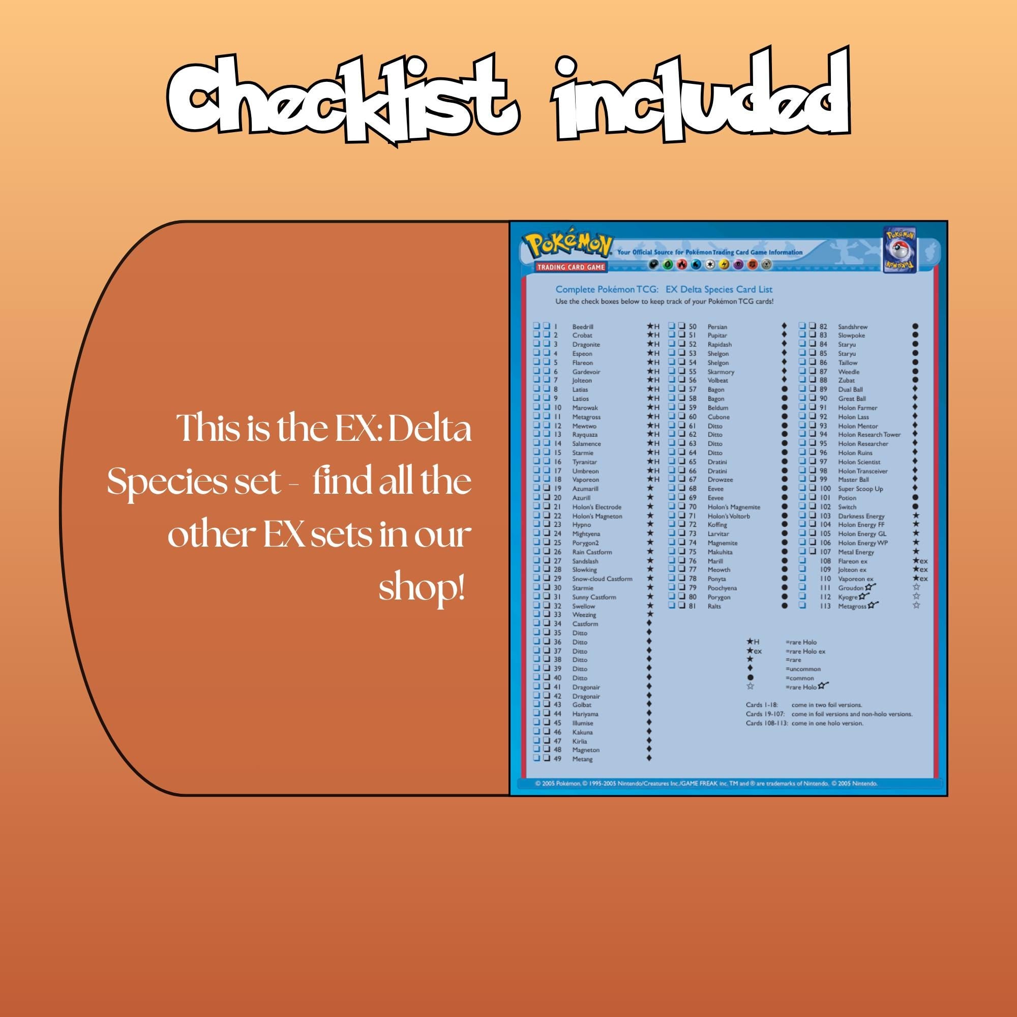 Example of the checklist that’s included to see which cards are all in the Delta Species set from the EX Series.