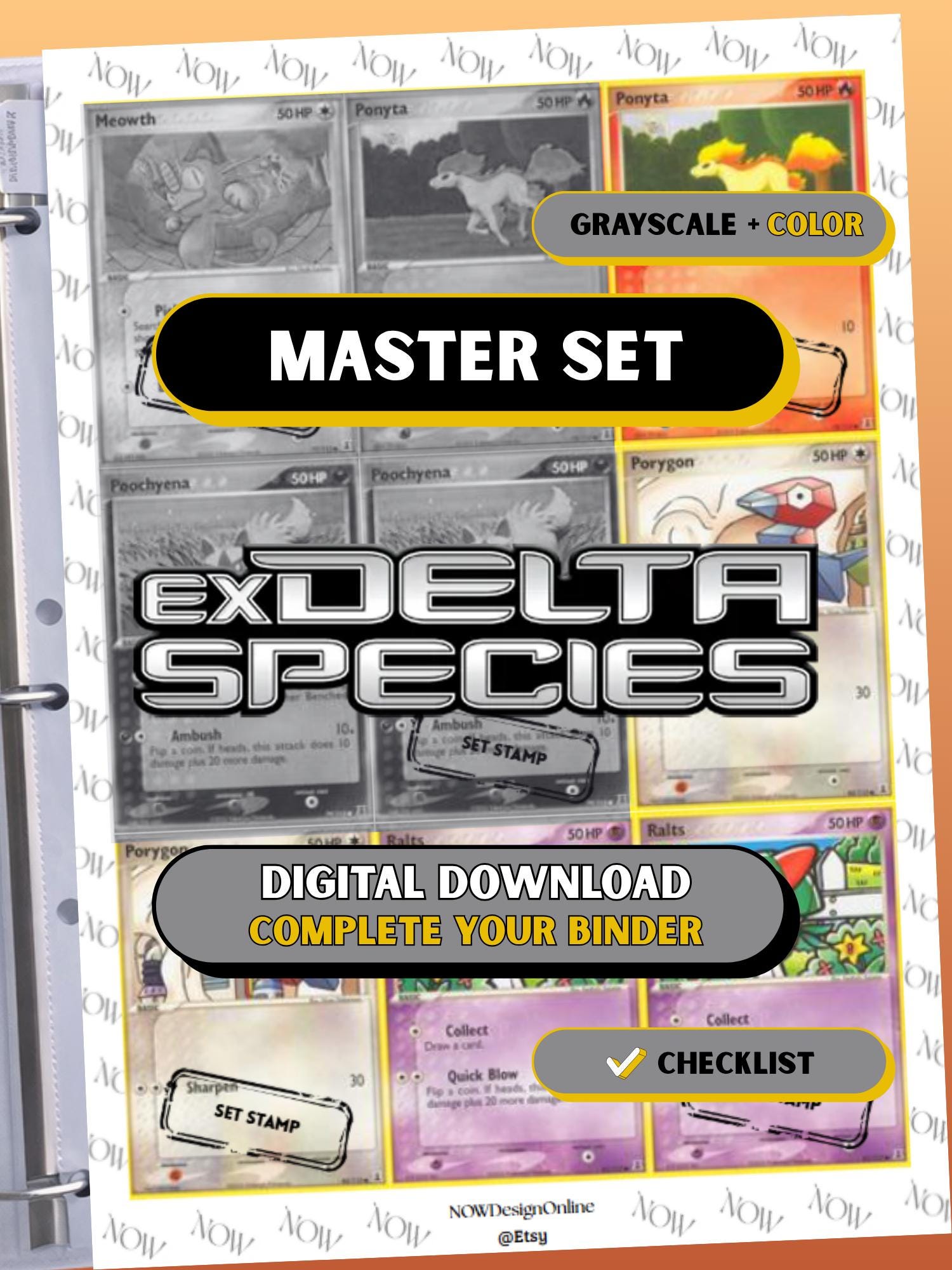 EX: Delta Species master set binder page showing grayscale and color Pokémon cards, designed as a digital download with checklist to complete a collector’s binder.