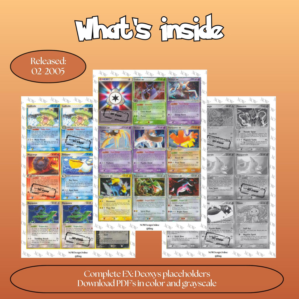 Deoxys master set overview showing the included Pokémon cards to print and a full color checklist for the EX binder.