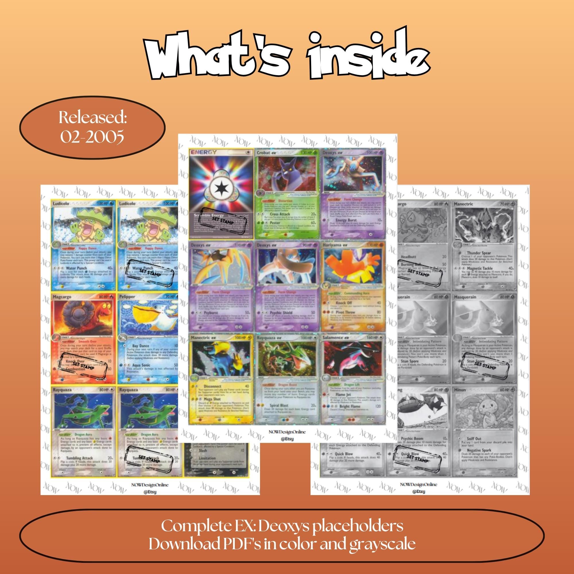 Deoxys master set overview showing the included Pokémon cards to print and a full color checklist for the EX binder.