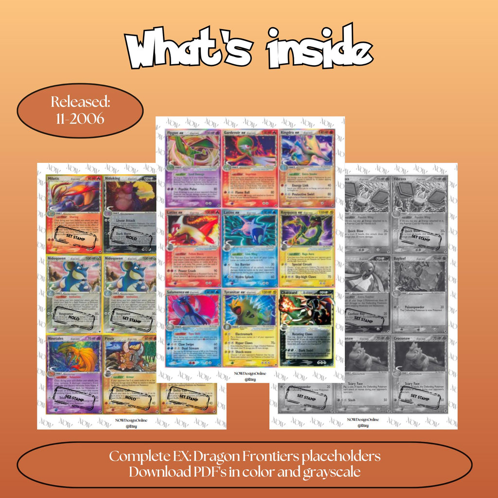Dragon Frontiers master set overview showing the included Pokémon cards to print and a full color checklist for the EX binder.