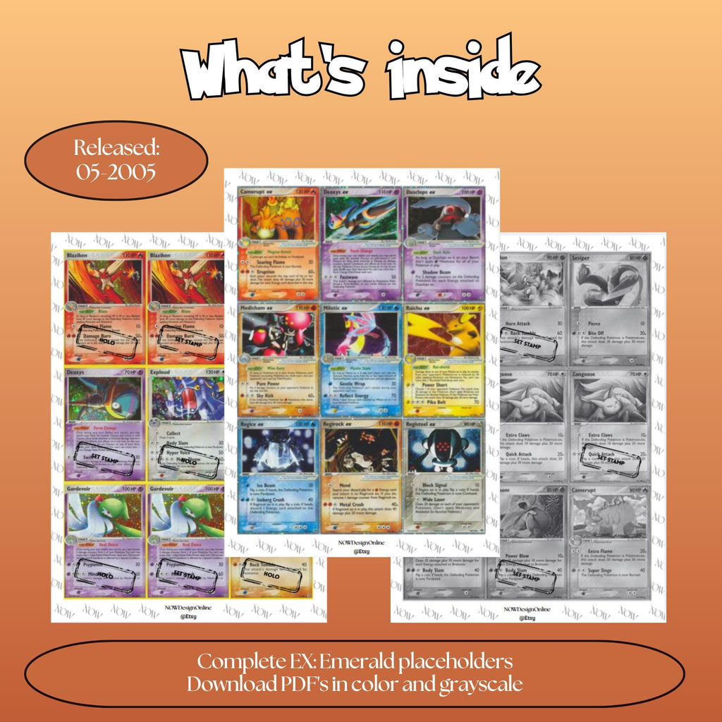 Emerald master set overview showing the included Pokémon cards to print and a full color checklist for the EX binder.
