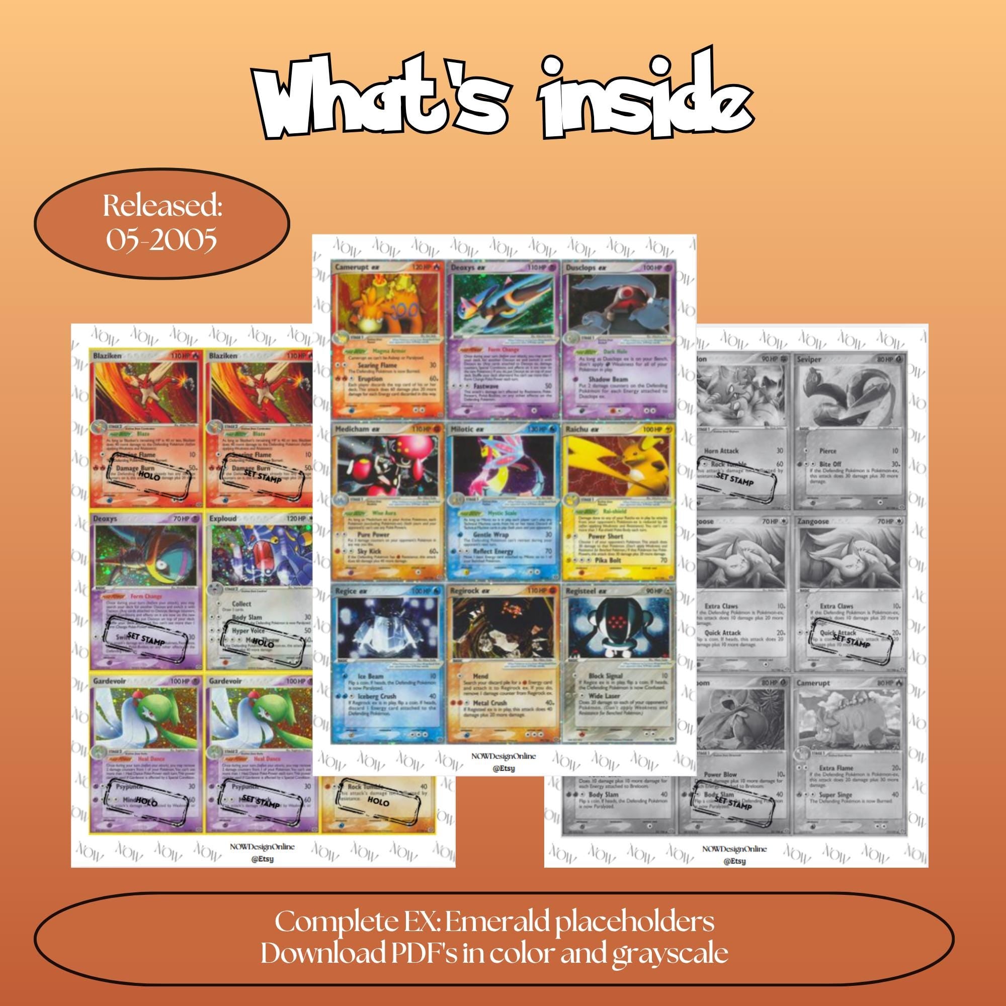 Emerald master set overview showing the included Pokémon cards to print and a full color checklist for the EX binder.