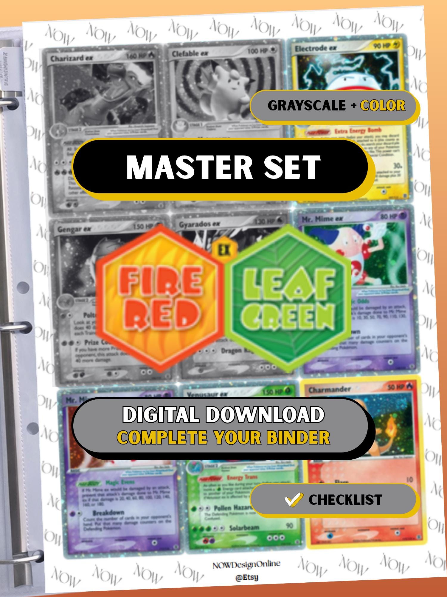 EX: FireRed LeafGreen master set binder page showing grayscale and color Pokémon cards, designed as a digital download with checklist to complete a collector’s binder.