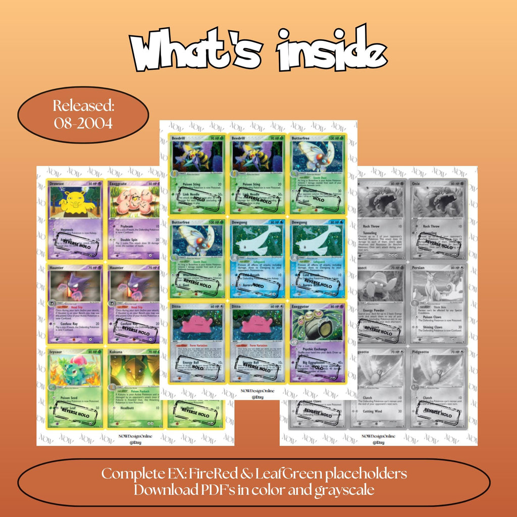 FireRed LeafGreen master set overview showing the included Pokémon cards to print and a full color checklist for the EX binder.