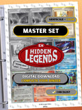 EX: Hidden Legends master set binder page showing grayscale and color Pokémon cards, designed as a digital download with checklist to complete a collector’s binder.