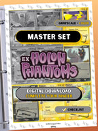 EX: Holon Phantoms master set binder page showing grayscale and color Pokémon cards, designed as a digital download with checklist to complete a collector’s binder.