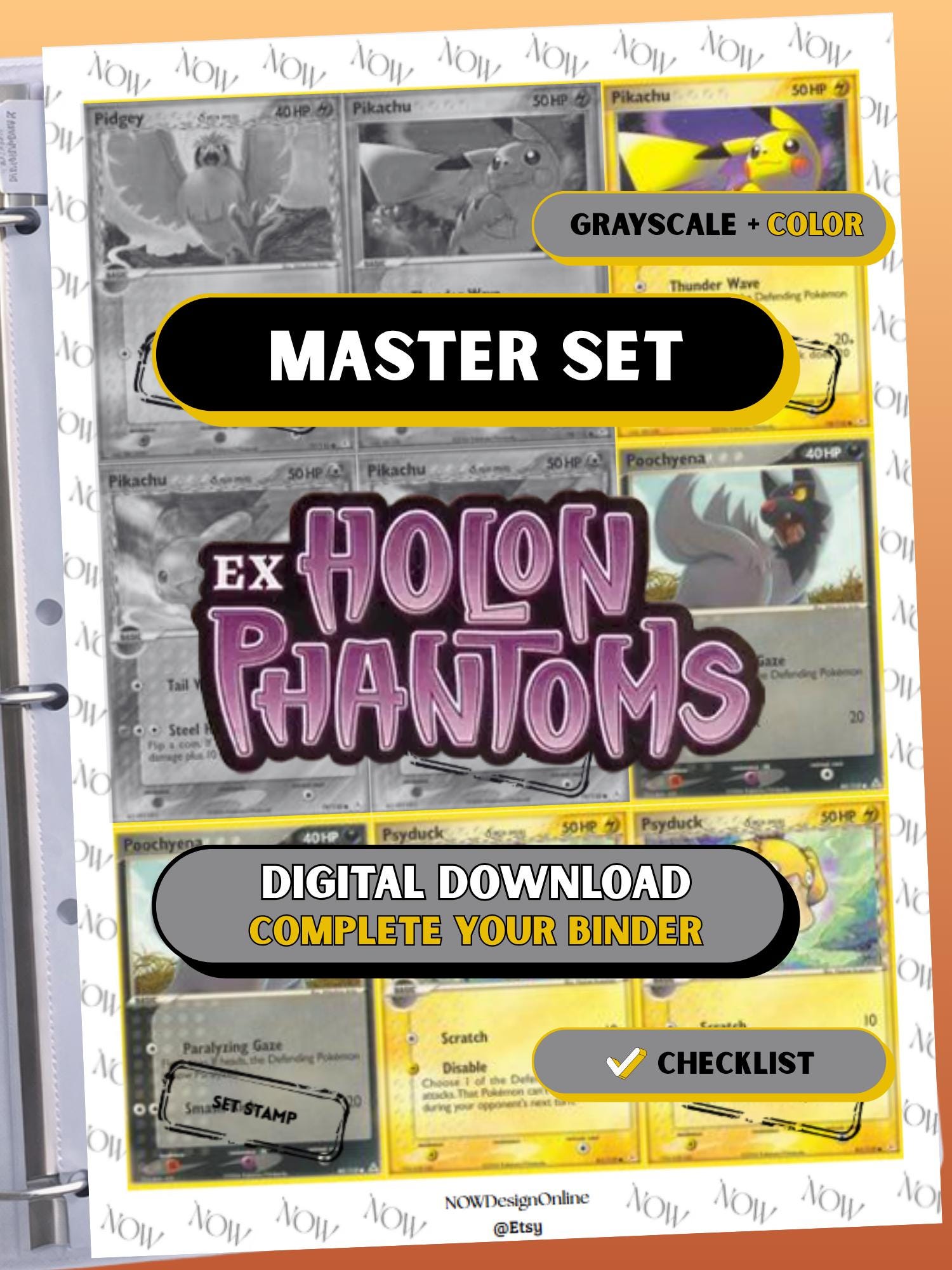EX: Holon Phantoms master set binder page showing grayscale and color Pokémon cards, designed as a digital download with checklist to complete a collector’s binder.