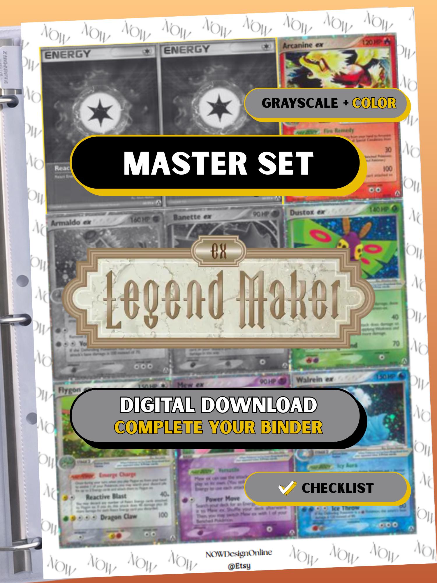 EX: Legend Maker master set binder page showing grayscale and color Pokémon cards, designed as a digital download with checklist to complete a collector’s binder.
