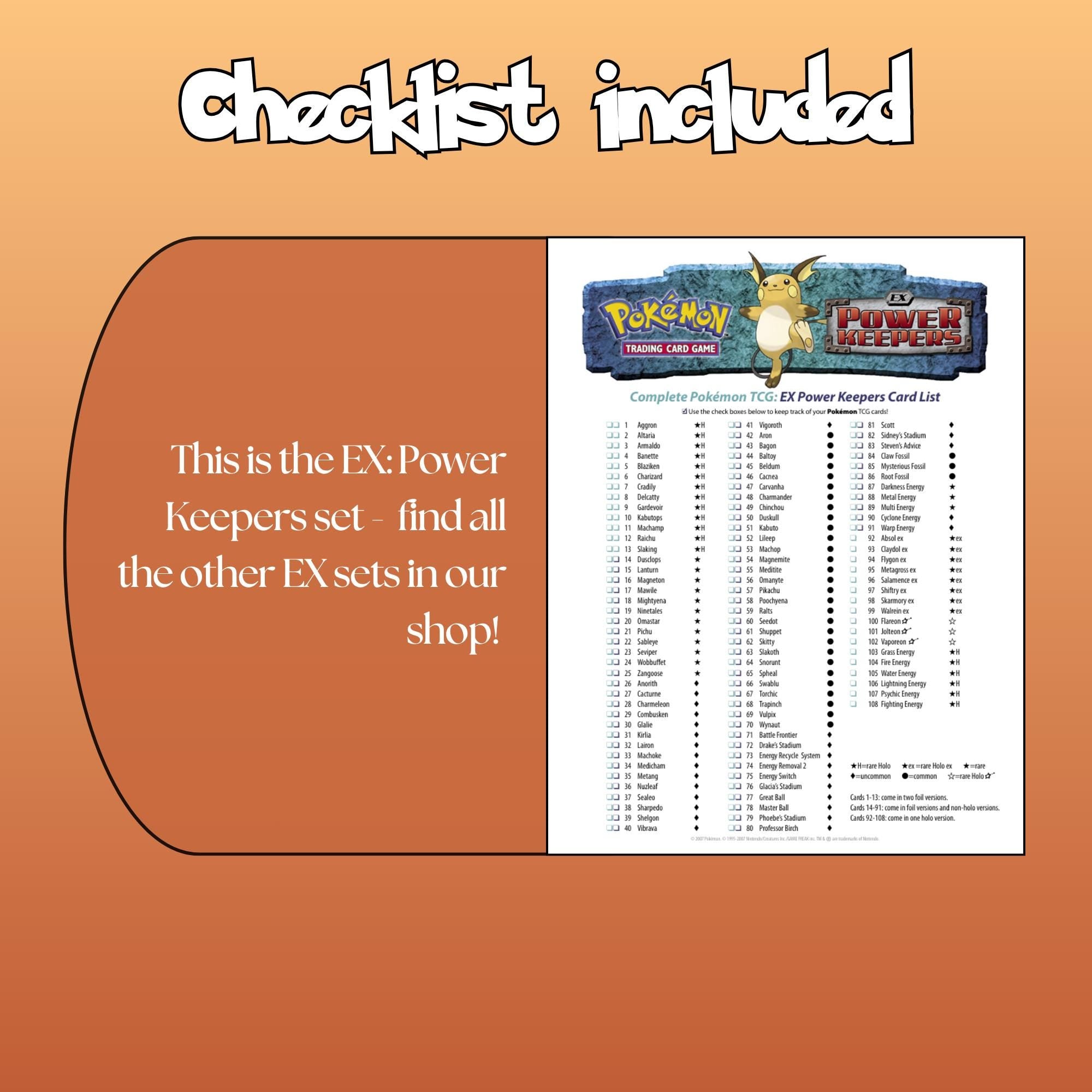 Example of the checklist that’s included to see which cards are all in the Power Keepers set from the EX Series.