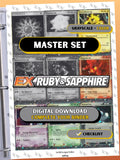 EX: Ruby & Sapphire master set binder page showing grayscale and color Pokémon cards, designed as a digital download with checklist to complete a collector’s binder.